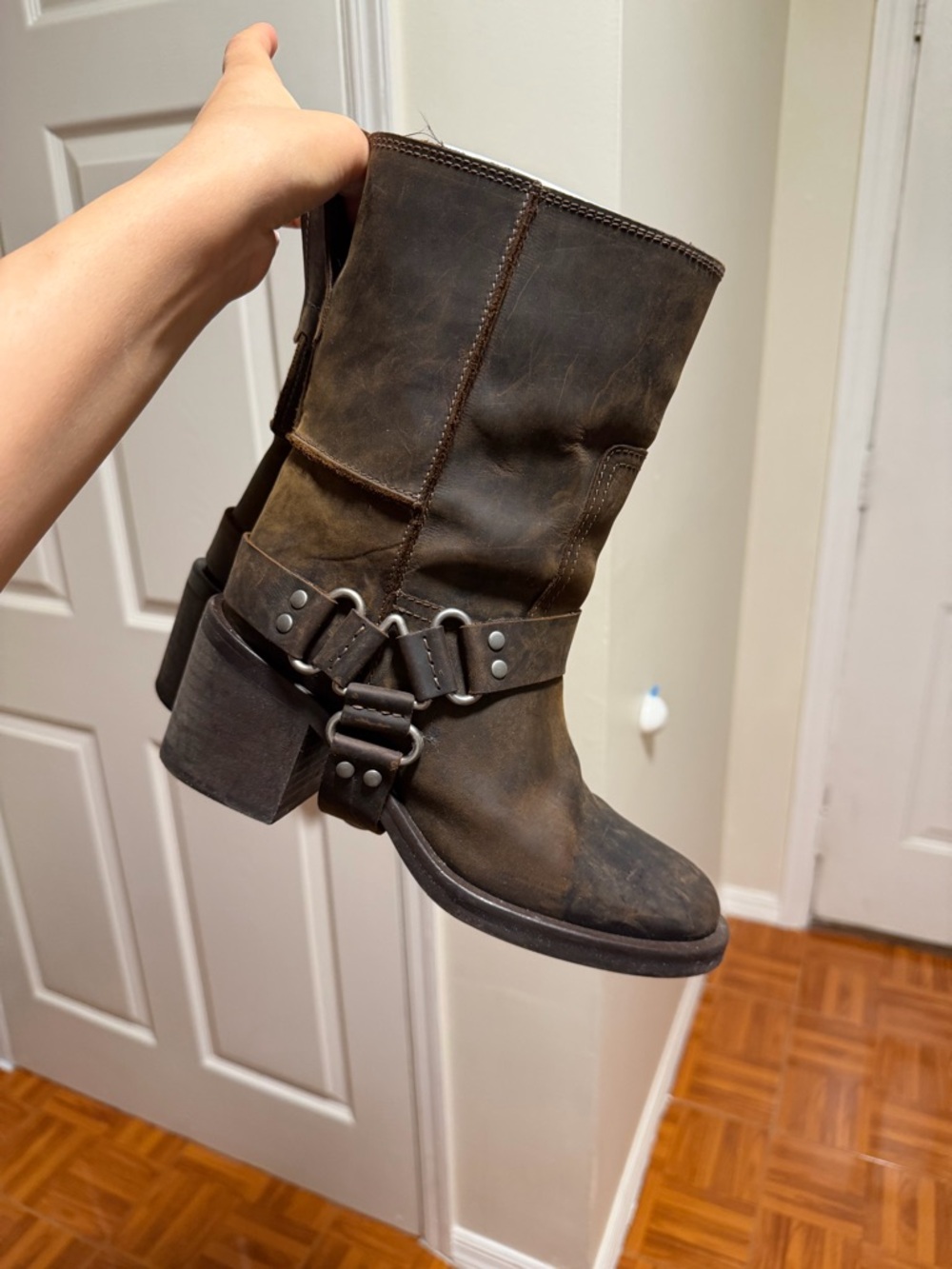 Zara Women’s Brown 100% Leather Harness Mid-Calf Boot